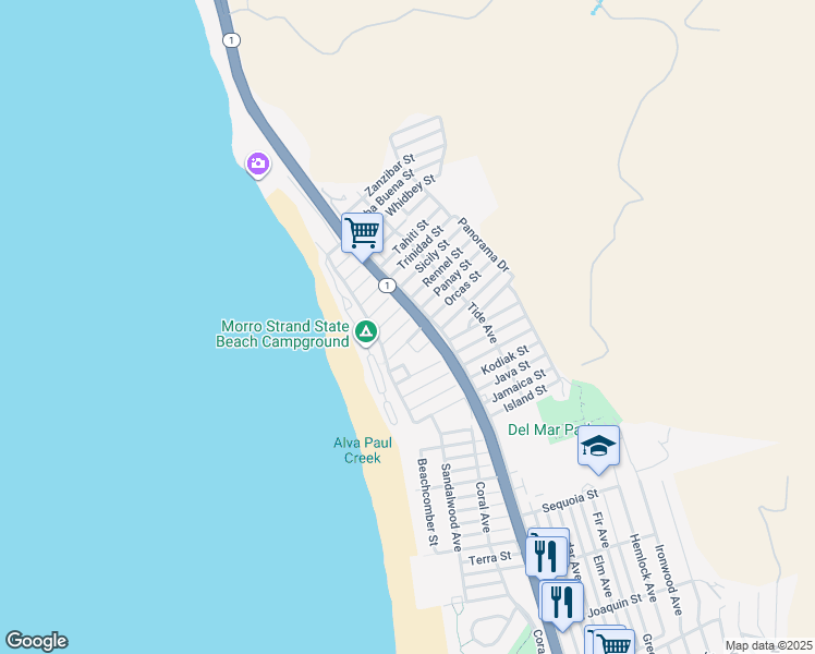 map of restaurants, bars, coffee shops, grocery stores, and more near 176 Panay Street in Morro Bay