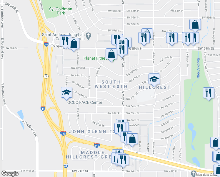 map of restaurants, bars, coffee shops, grocery stores, and more near 3000 Southwest 62nd Street in Oklahoma City