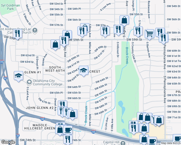 map of restaurants, bars, coffee shops, grocery stores, and more near 6421 Miller Avenue in Oklahoma City