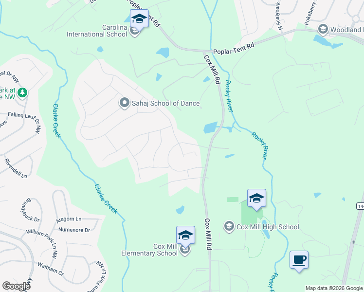 map of restaurants, bars, coffee shops, grocery stores, and more near 986 Old Trace Road Northwest in Concord