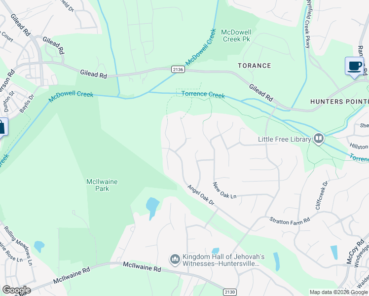 map of restaurants, bars, coffee shops, grocery stores, and more near 8517 Tatebrook Lane in Huntersville