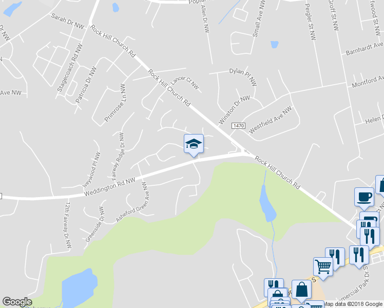 map of restaurants, bars, coffee shops, grocery stores, and more near 3673 Lake Spring Avenue Northwest in Concord