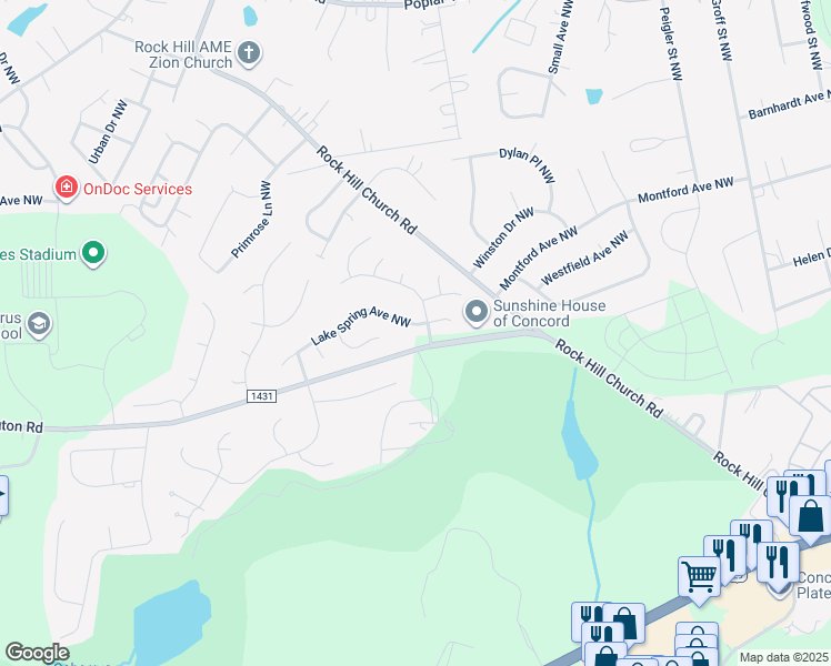 map of restaurants, bars, coffee shops, grocery stores, and more near 3673 Lake Spring Avenue Northwest in Concord