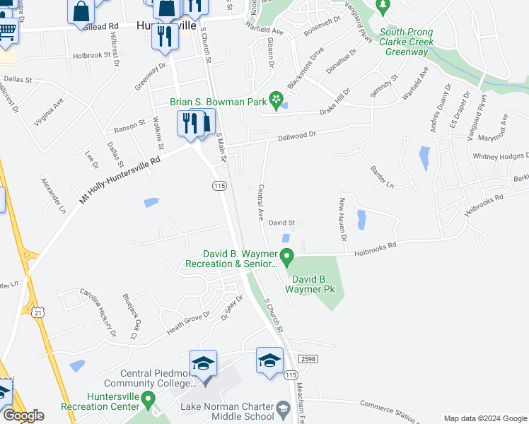 map of restaurants, bars, coffee shops, grocery stores, and more near 13414 Central Avenue in Huntersville