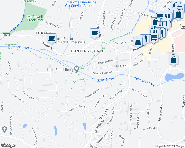 map of restaurants, bars, coffee shops, grocery stores, and more near 9130 Hillston Ridge Road in Huntersville