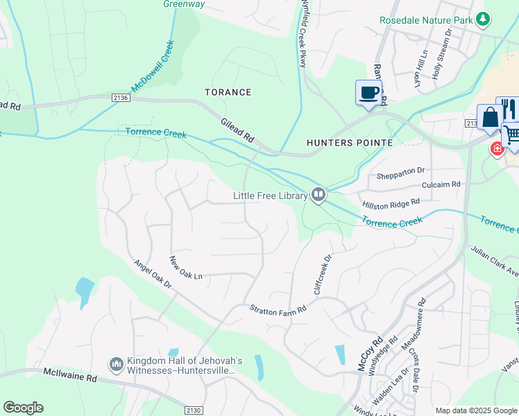 map of restaurants, bars, coffee shops, grocery stores, and more near 9200 Torrence Crossing Drive in Huntersville