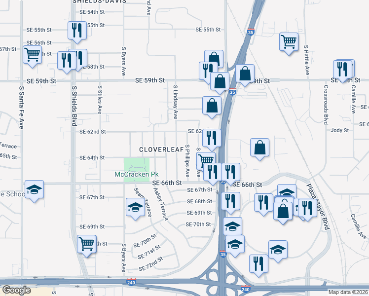 map of restaurants, bars, coffee shops, grocery stores, and more near 6405 S Phillips Ave in Oklahoma City