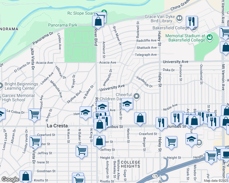 map of restaurants, bars, coffee shops, grocery stores, and more near 3111 Berkeley Street in Bakersfield