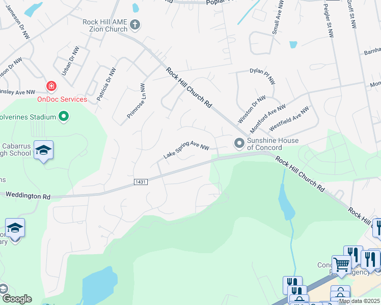 map of restaurants, bars, coffee shops, grocery stores, and more near 3711 Winterberry Court Northwest in Concord