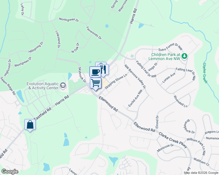 map of restaurants, bars, coffee shops, grocery stores, and more near 10080 Edison Square Drive Northwest in Concord