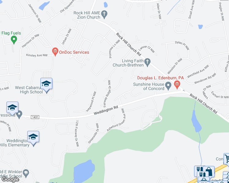 map of restaurants, bars, coffee shops, grocery stores, and more near 3887 Meadow Ridge Drive Northwest in Concord