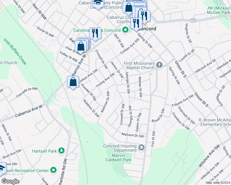 map of restaurants, bars, coffee shops, grocery stores, and more near 233 Kluttz Court Southwest in Concord