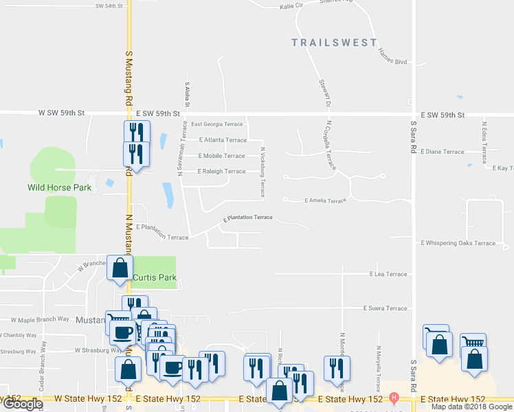 map of restaurants, bars, coffee shops, grocery stores, and more near 424 North Vicksburg Terrace in Mustang