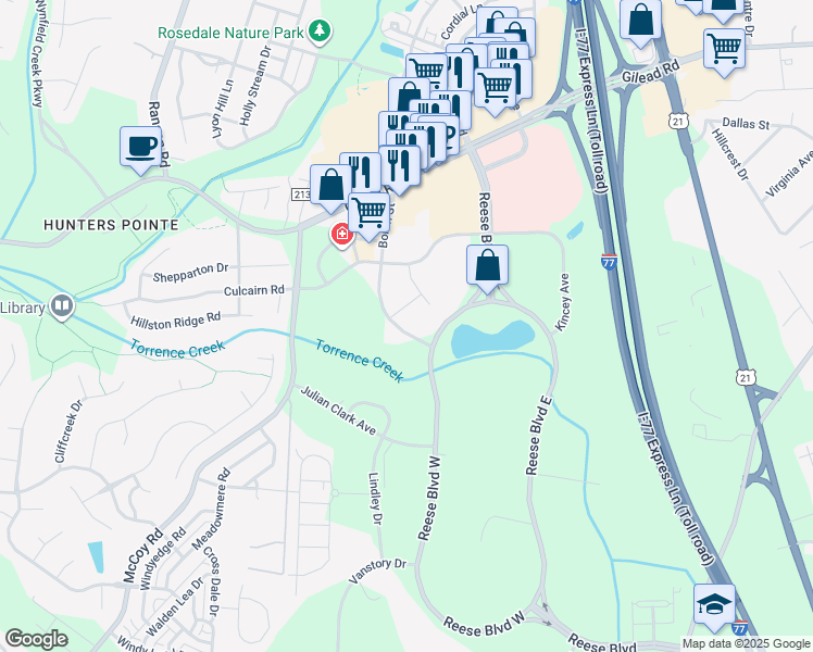 map of restaurants, bars, coffee shops, grocery stores, and more near 13810 Boren Street in Huntersville