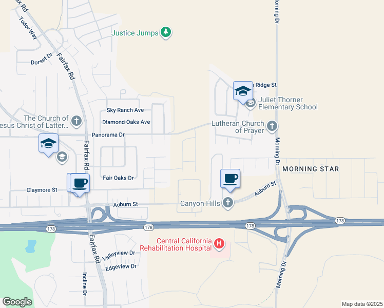 map of restaurants, bars, coffee shops, grocery stores, and more near 6222 Mithalia Way in Bakersfield