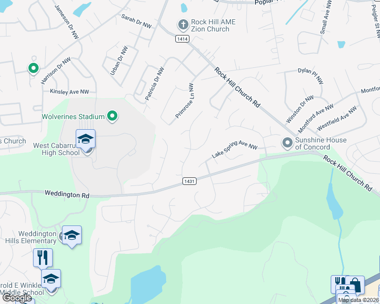 map of restaurants, bars, coffee shops, grocery stores, and more near 3899 Meadow Ridge Court Northwest in Concord