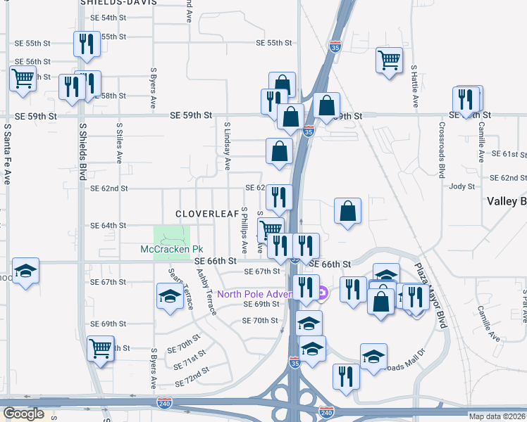 map of restaurants, bars, coffee shops, grocery stores, and more near 6404 South Kelley Avenue in Oklahoma City