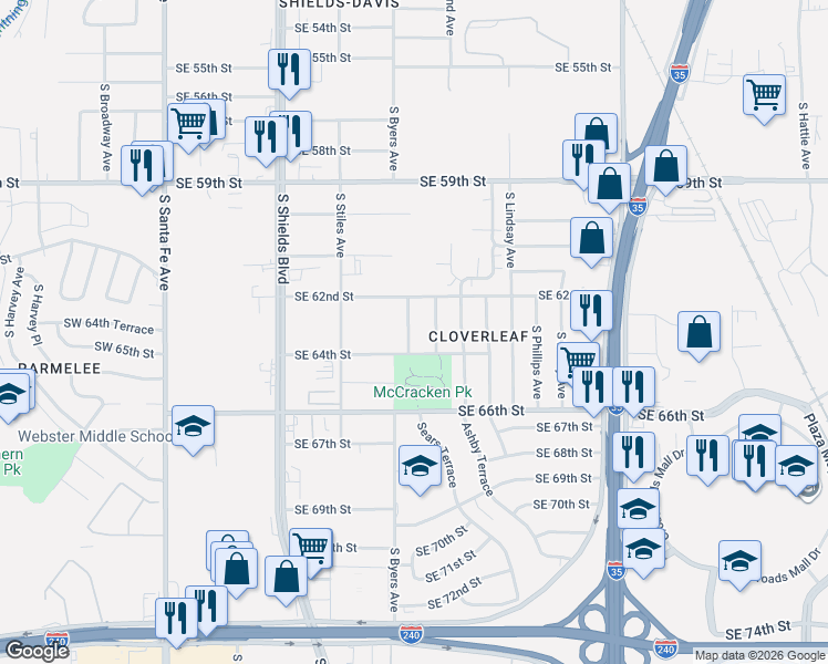map of restaurants, bars, coffee shops, grocery stores, and more near 6404 South Byers Avenue in Oklahoma City