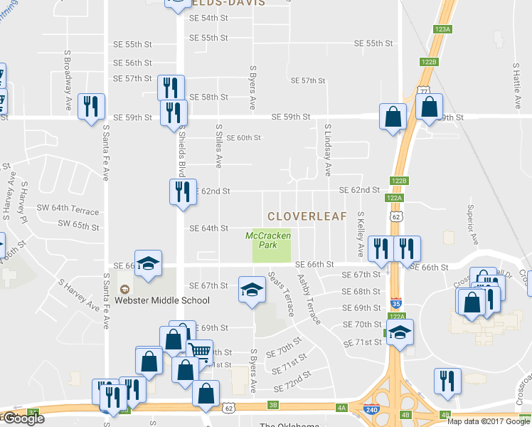 map of restaurants, bars, coffee shops, grocery stores, and more near 6404 South Byers Avenue in Oklahoma City