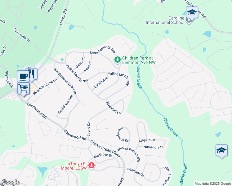 map of restaurants, bars, coffee shops, grocery stores, and more near 10230 Falling Leaf Drive Northwest in Charlotte