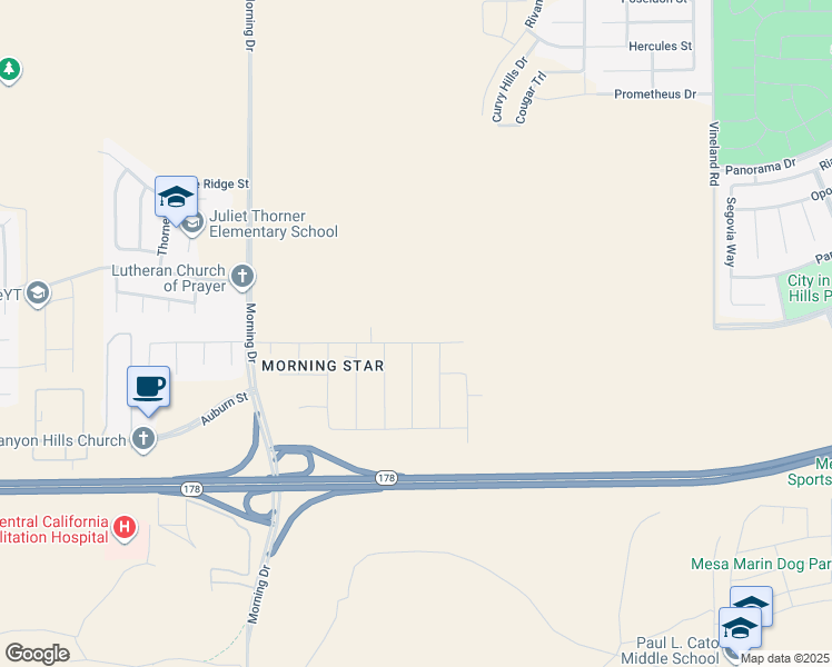 map of restaurants, bars, coffee shops, grocery stores, and more near 8604 Morningstar Avenue in Bakersfield