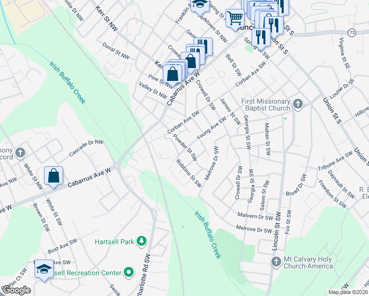 map of restaurants, bars, coffee shops, grocery stores, and more near 290 Young Avenue Southwest in Concord