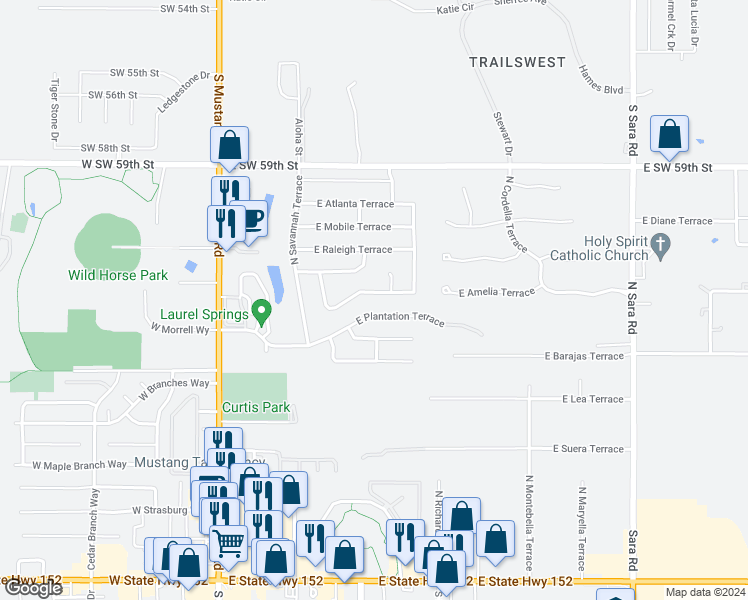 map of restaurants, bars, coffee shops, grocery stores, and more near 416 North Charlotte Terrace in Mustang