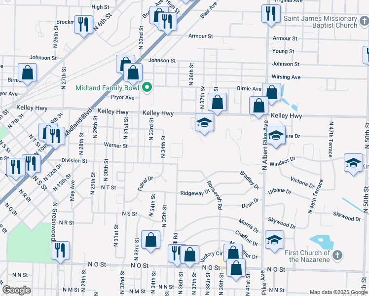 map of restaurants, bars, coffee shops, grocery stores, and more near 2224 North 35th Street in Fort Smith