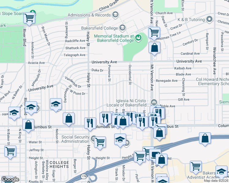 map of restaurants, bars, coffee shops, grocery stores, and more near 3100 Arnold Street in Bakersfield