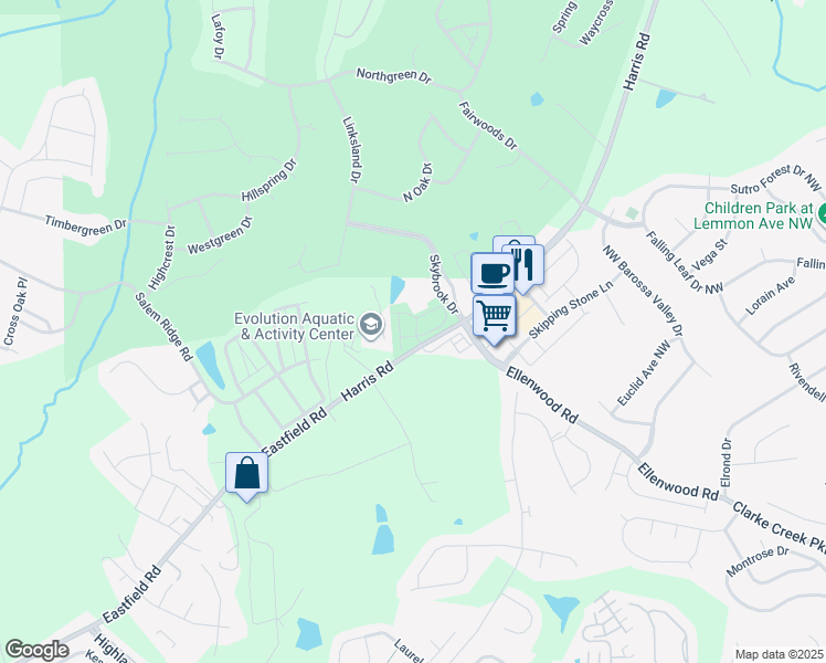 map of restaurants, bars, coffee shops, grocery stores, and more near 11180 Green Spring Drive in Huntersville