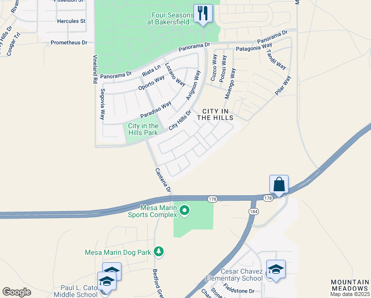 map of restaurants, bars, coffee shops, grocery stores, and more near 10400 Garden View Lane in Bakersfield