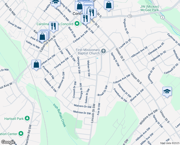 map of restaurants, bars, coffee shops, grocery stores, and more near 209 Mahan Street Southwest in Concord