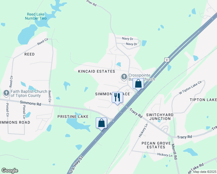 map of restaurants, bars, coffee shops, grocery stores, and more near 285 Blackhawk Cove in Munford