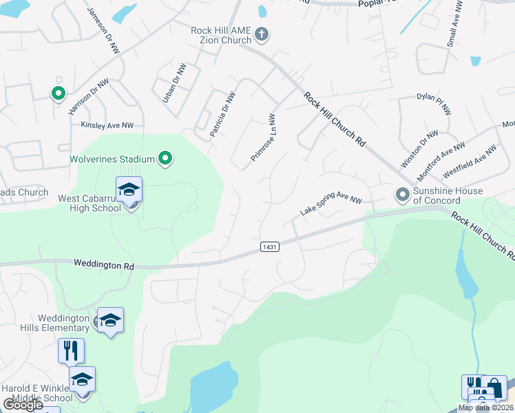 map of restaurants, bars, coffee shops, grocery stores, and more near 3899 Meadow Ridge Court Northwest in Concord
