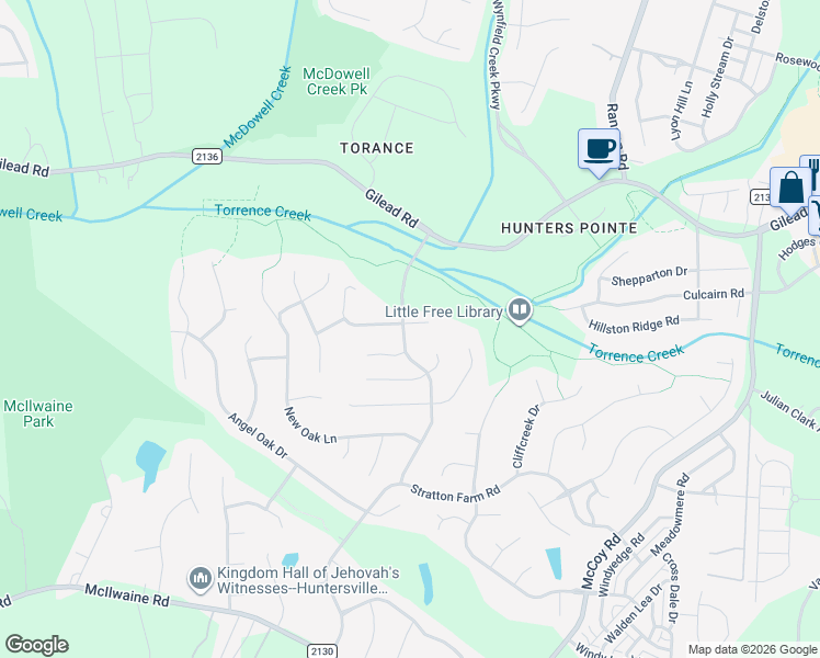 map of restaurants, bars, coffee shops, grocery stores, and more near 9200 Torrence Crossing Drive in Huntersville