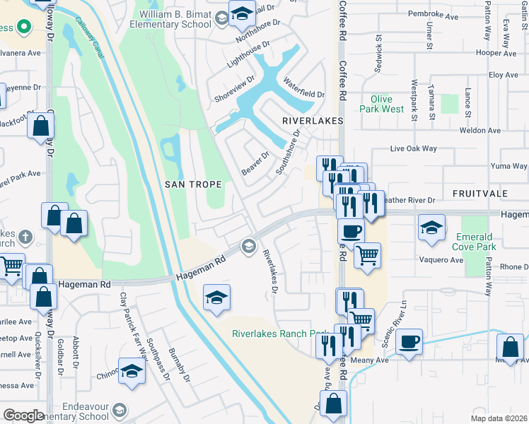 map of restaurants, bars, coffee shops, grocery stores, and more near 8510 Rockport Drive in Bakersfield