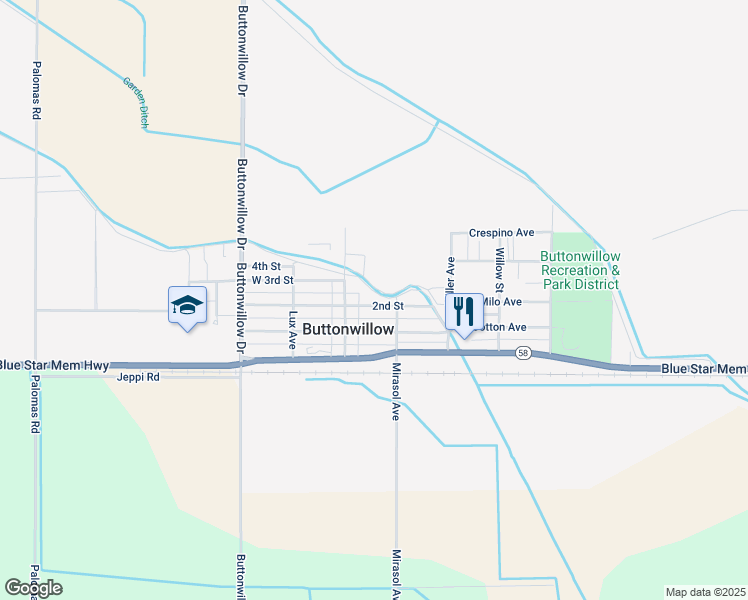 map of restaurants, bars, coffee shops, grocery stores, and more near 128 West 2nd Street in Buttonwillow