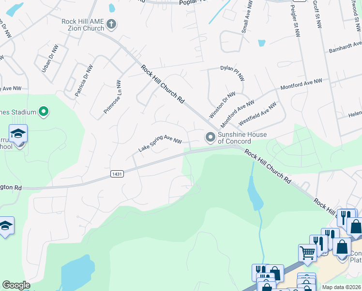 map of restaurants, bars, coffee shops, grocery stores, and more near 3681 Lake Spring Avenue Northwest in Concord