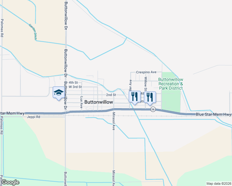 map of restaurants, bars, coffee shops, grocery stores, and more near 208 2nd Street in Buttonwillow