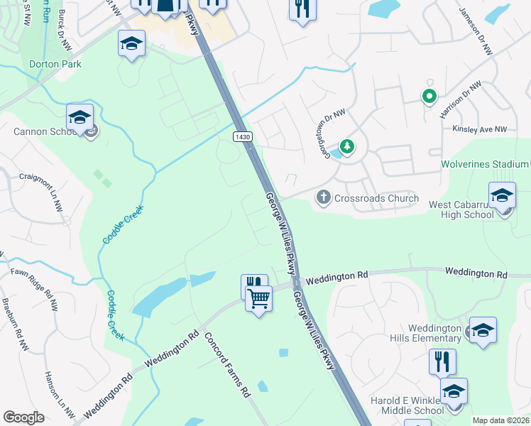 map of restaurants, bars, coffee shops, grocery stores, and more near 2505 Province Dr NW in Concord