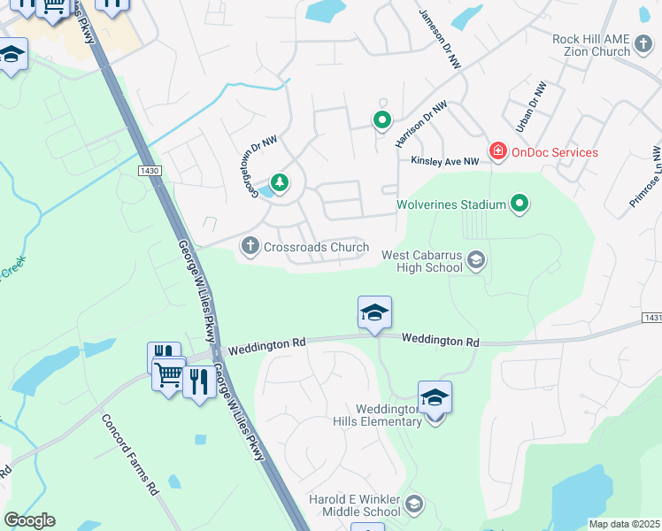 map of restaurants, bars, coffee shops, grocery stores, and more near 2636 Sunberry Lane Northwest in Concord