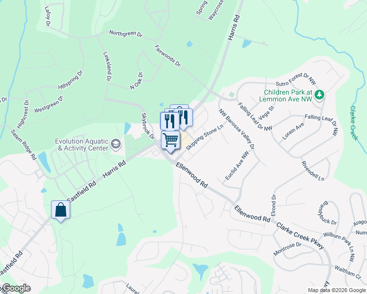 map of restaurants, bars, coffee shops, grocery stores, and more near 10080 Edison Square Drive Northwest in Concord