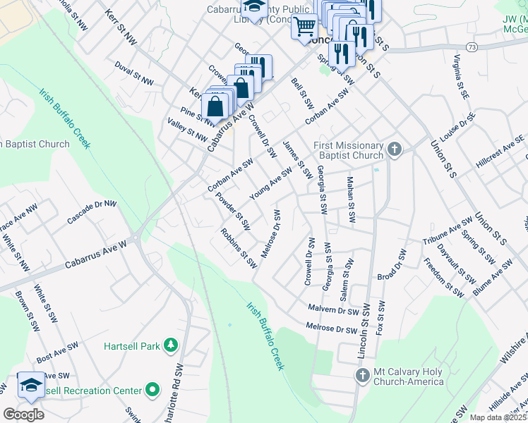 map of restaurants, bars, coffee shops, grocery stores, and more near 117 Cypress Street Southwest in Concord