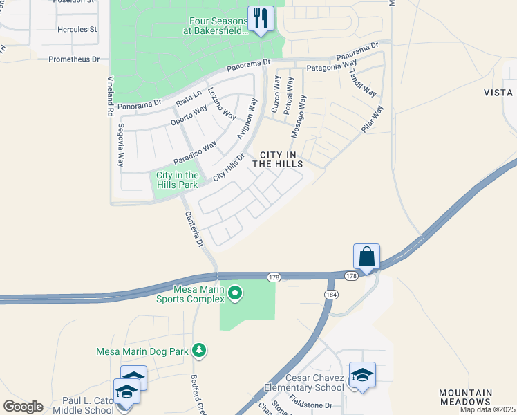 map of restaurants, bars, coffee shops, grocery stores, and more near 5206 Village Green Lane in Bakersfield