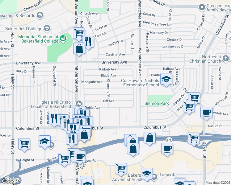 map of restaurants, bars, coffee shops, grocery stores, and more near 2724 San Pablo Avenue in Bakersfield