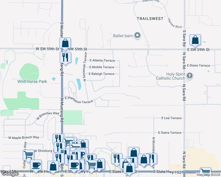 map of restaurants, bars, coffee shops, grocery stores, and more near 408 East Charlotte Terrace in Mustang