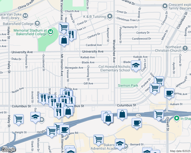 map of restaurants, bars, coffee shops, grocery stores, and more near 2724 San Pablo Avenue in Bakersfield