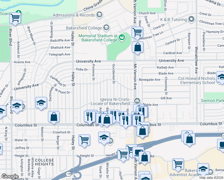 map of restaurants, bars, coffee shops, grocery stores, and more near 3104 Occidental Street in Bakersfield