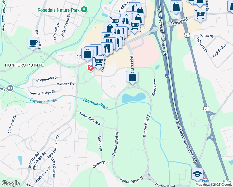 map of restaurants, bars, coffee shops, grocery stores, and more near 13717 Reese Boulevard West in Huntersville
