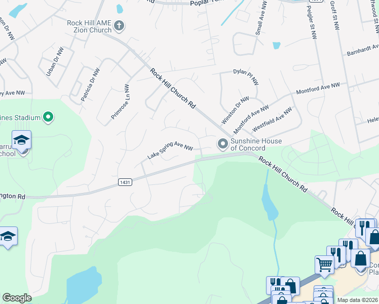 map of restaurants, bars, coffee shops, grocery stores, and more near 3681 Lake Spring Avenue Northwest in Concord
